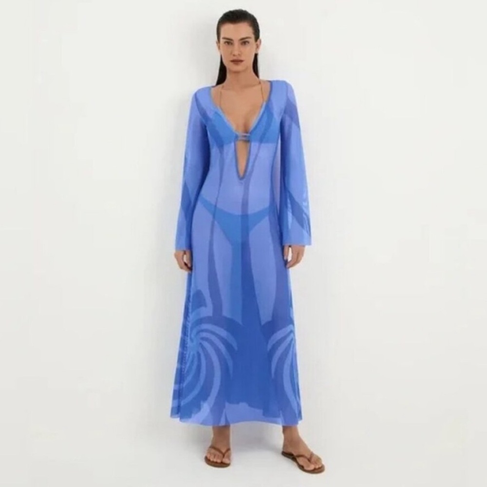 Caroline Constas Blue Long Sleeve Cover-Up Maxi Dress